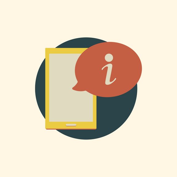 Illustration eines gelben Smartphones in einem schwarzen Kreis. Im Vordergrund ist eine orangene runde Sprechblase mit einem weißen geschwungenen i.
