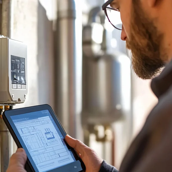Technische Überprüfung moderner digitaler Stromzähler mit Tablet an einer Gebäudeinstallation. Das Bild steht für intelligente Messsysteme (Smart Meter), Messstellenbetrieb und den gesetzlichen Smart-Meter-Rollout.