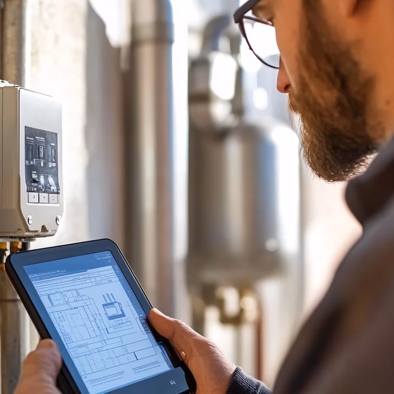 Technische Überprüfung moderner digitaler Stromzähler mit Tablet an einer Gebäudeinstallation. Das Bild steht für intelligente Messsysteme (Smart Meter), Messstellenbetrieb und den gesetzlichen Smart-Meter-Rollout.