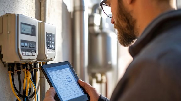 Smart Meter Technische Überprüfung moderner digitaler Stromzähler mit Tablet an einer Gebäudeinstallation. Das Bild steht für intelligente Messsysteme (Smart Meter), Messstellenbetrieb und den gesetzlichen Smart-Meter-Rollout.