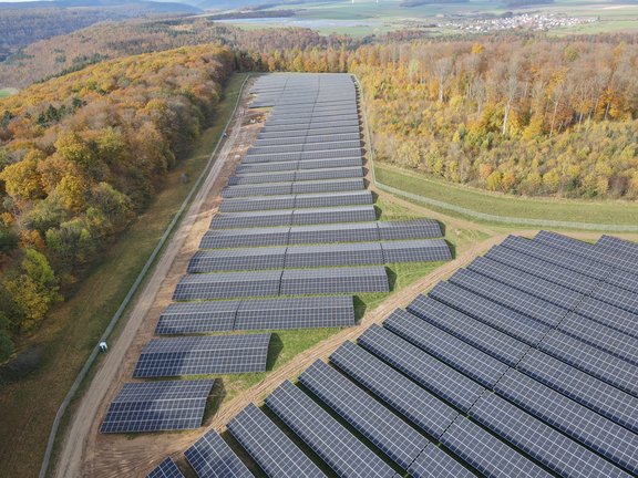 Umgeben von einem Herbstlichen Wald mit Laubäumen sieht man PV-Module einer Freiflächenanlage mit Ost- Westausrichtung. Die Sonne scheint.