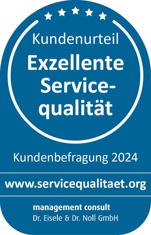 Blaues Qualitätssiegel mit fünf Sternen: „Kundenurteil – Exzellente Servicequalität“ laut Kundenbefragung 2024, vergeben von management consult Dr. Eisele & Dr. Noll GmbH – www.servicequalitaet.org.