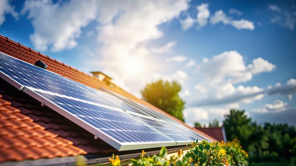 Solarpanels auf einem roten Ziegeldach, die Sonnenlicht einfangen. Der Himmel ist blau mit weißen Wolken, und im Vordergrund wachsen grüne Pflanzen. Die Sonnenstrahlen erzeugen eine warme Atmosphäre.