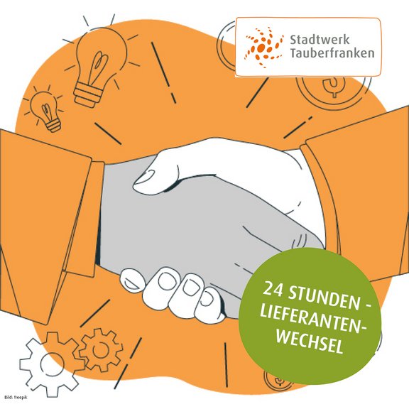 Illustration eines Handschlags zwischen zwei Personen in Anzügen. Der Hintergrund ist in Orange gehalten und zeigt Zahnräder, Glühbirnen und Münzsymbole. Oben rechts befindet sich das Logo von Stadtwerk Tauberfranken. Ein grüner Kreis mit weißer Schrift trägt die Aufschrift: '24 Stunden – Lieferantenwechsel'.