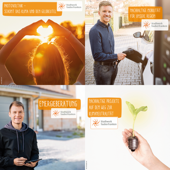 Die Grafik ist in vier quadratische Segmente unterteilt und zeigt verschiedene Themen rund um Nachhaltigkeit bei Stadtwerk Tauberfranken. Oben links: Eine Frau formt mit ihren Händen ein Herz vor der untergehenden Sonne, begleitet vom Text: „Photovoltaik – schont das Klima und den Geldbeutel“. Oben rechts: Ein Mann lädt ein E-Auto, daneben steht: „Nachhaltige Mobilität für unsere Region“. Unten links: Ein junger Mann mit Tablet lächelt, dazu der Schriftzug: „Energieberatung“. Unten rechts: Eine Hand hält eine kleine Pflanze, die in einer Glühbirne wächst, darüber: „Nachhaltige Projekte auf dem Weg zur Klimaneutralität“. Alle Segmente tragen das Logo von Stadtwerk Tauberfranken.
