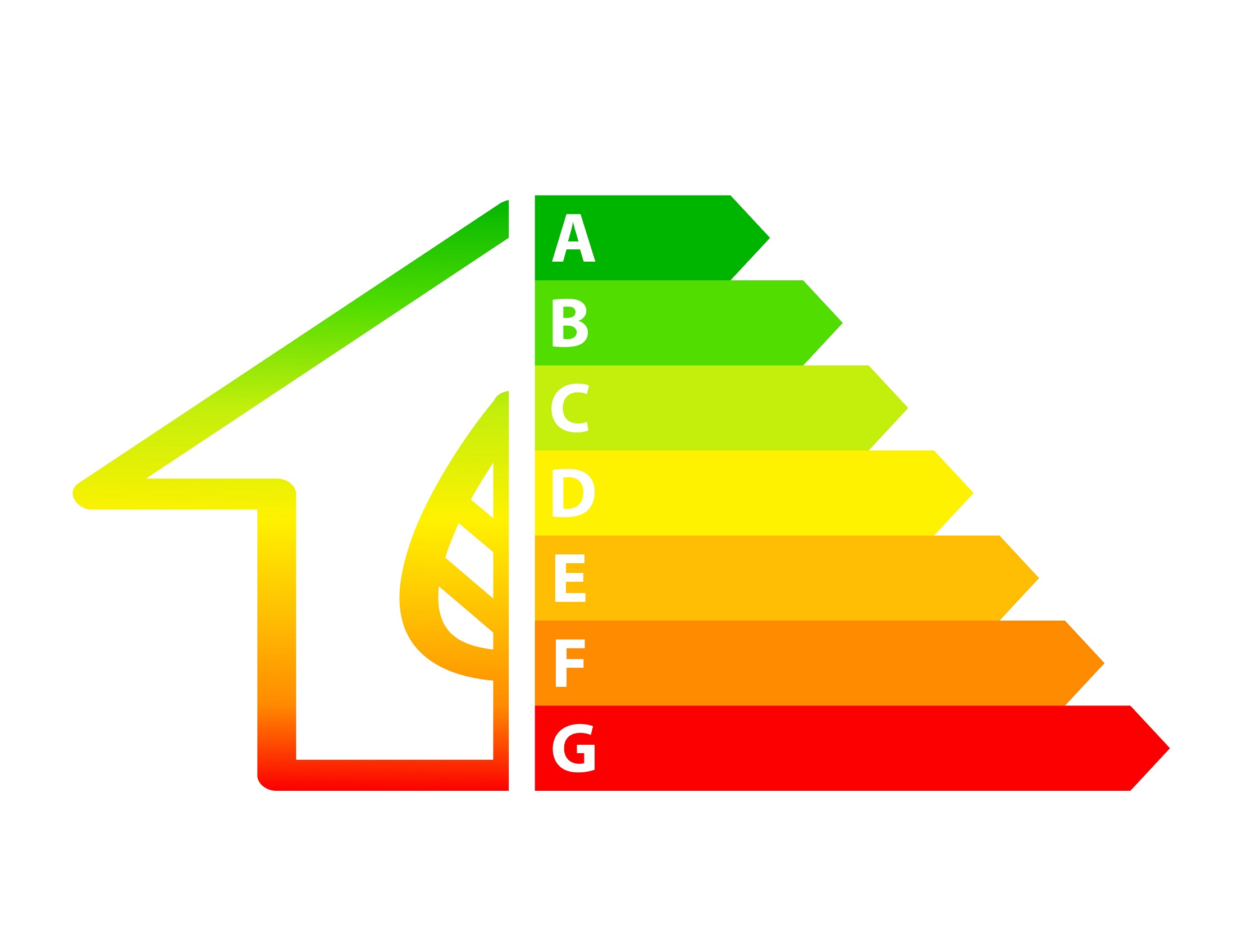 Grafik in Form eines stilisierten Hauses mit Farbverlauf von Grün nach Rot, das eine Energieeffizienzskala darstellt. Die Skala reicht von A (sehr energieeffizient, grün) bis G (wenig effizient, rot). Im Inneren des Hauses befindet sich ein Blatt, das auf Nachhaltigkeit oder Umweltfreundlichkeit hinweist.